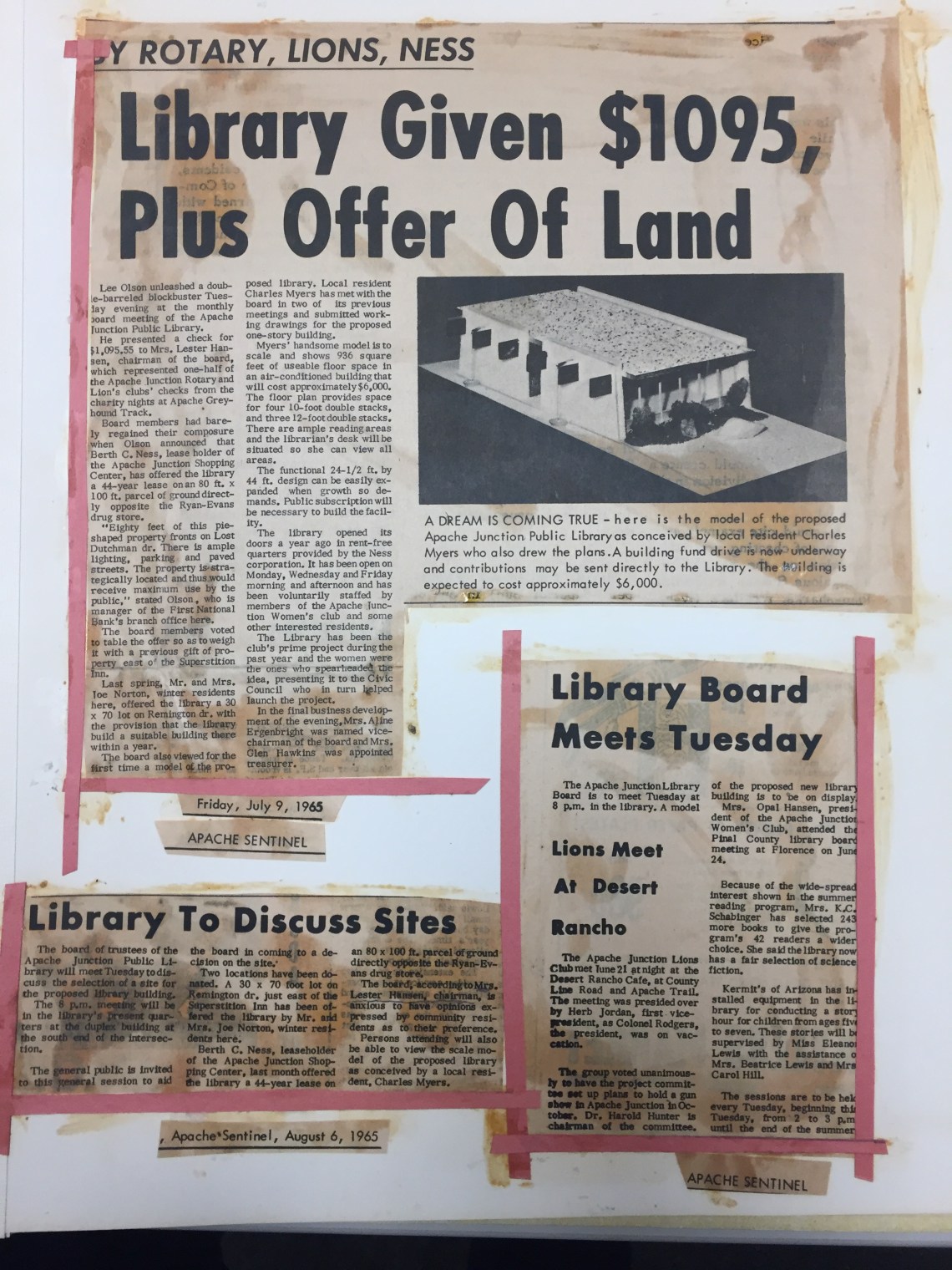 July 9, 1965 Library Given $1095 and Land, August 6, 1965 Site Discussion and Board Meeting